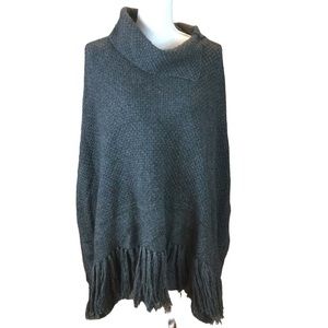 Coldwater Creek Gray Textured Wool Blend Fringed Cowl Neck Sweater Poncho